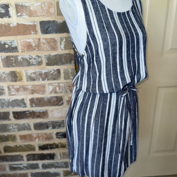 Old Navy Blue White Stripe Linen Blend Mini Dress Cinch Waist Drawstring Tie SzM - Picture 3 of 10